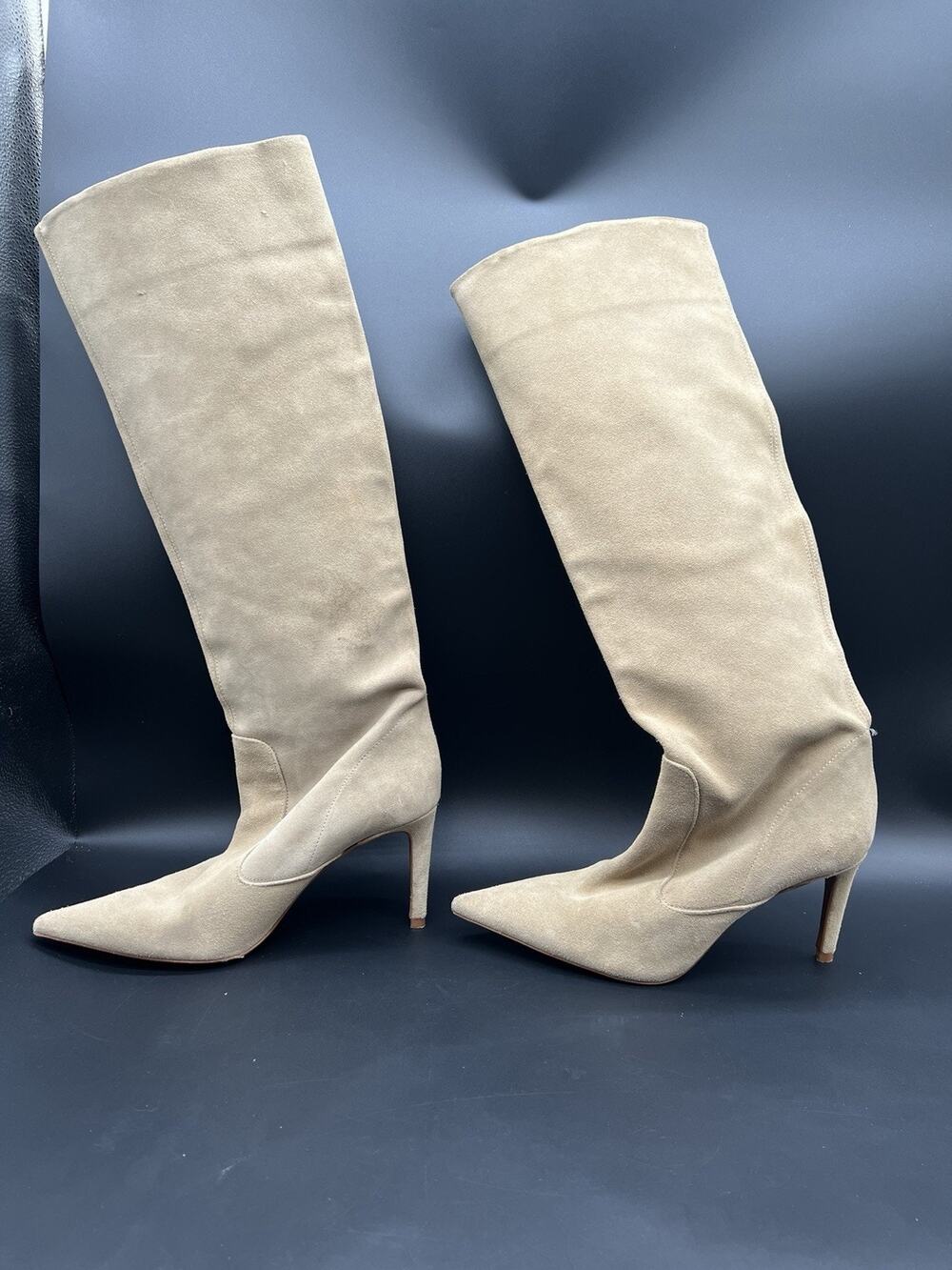 Zara Beige Suede Knee High Zip Pointed Toe Leather Boots Size 8.5